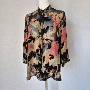 Citron Santa Monica Silk Blend Floral Burnout Velvet Mandarin Top Button-Front